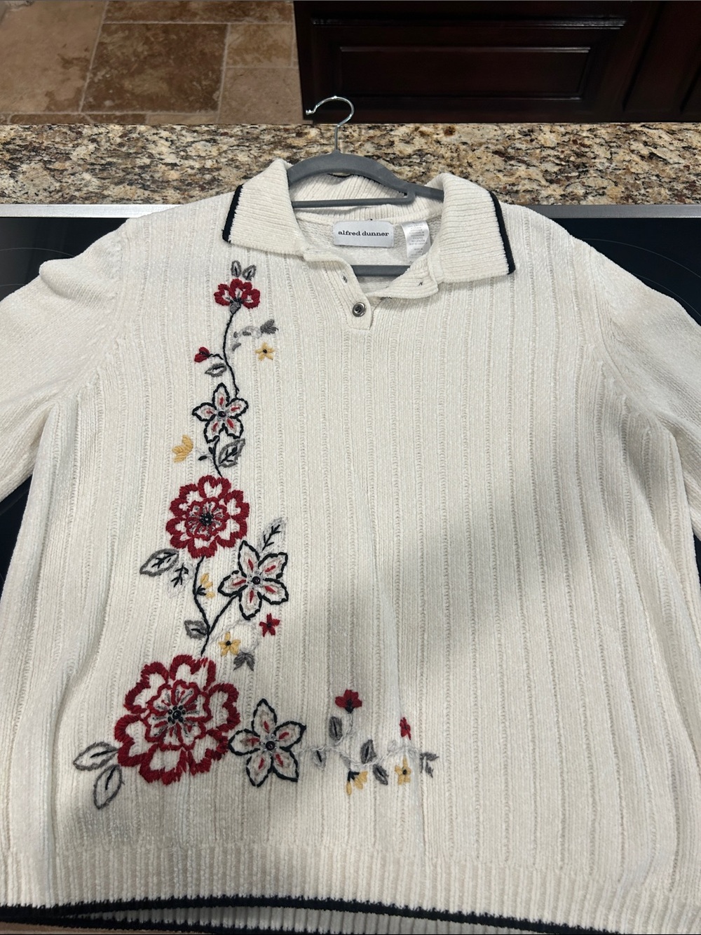 Alfred Dunner Cream Sweater with Red & Black Floral Embroidery
